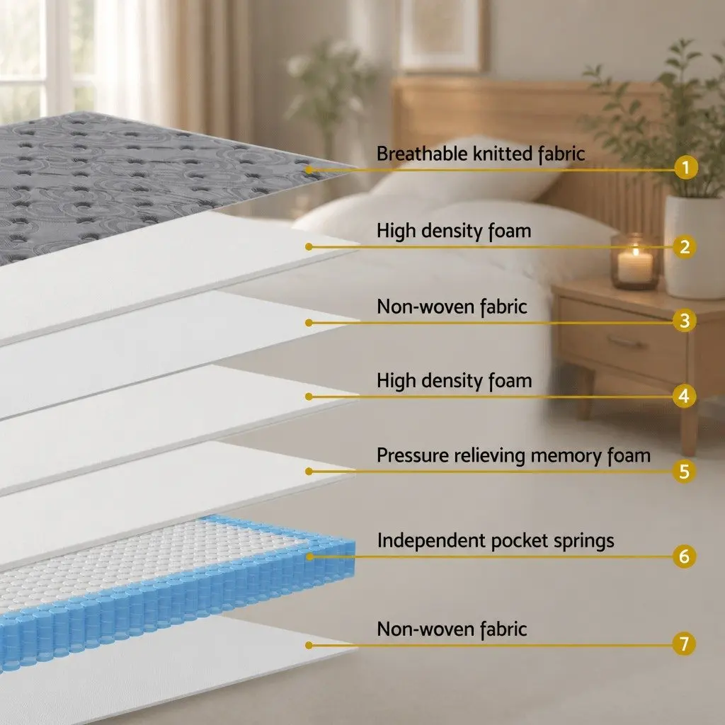 Single Mattress 26cm Thick Euro Top Medium Firm Pocket Spring Memory Foam Grey