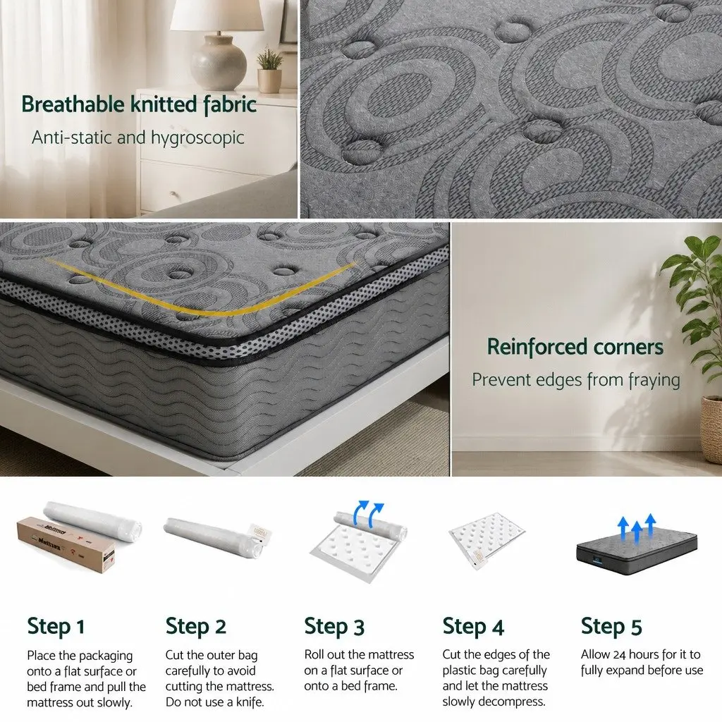 Single Mattress 26cm Thick Euro Top Medium Firm Pocket Spring Memory Foam Grey