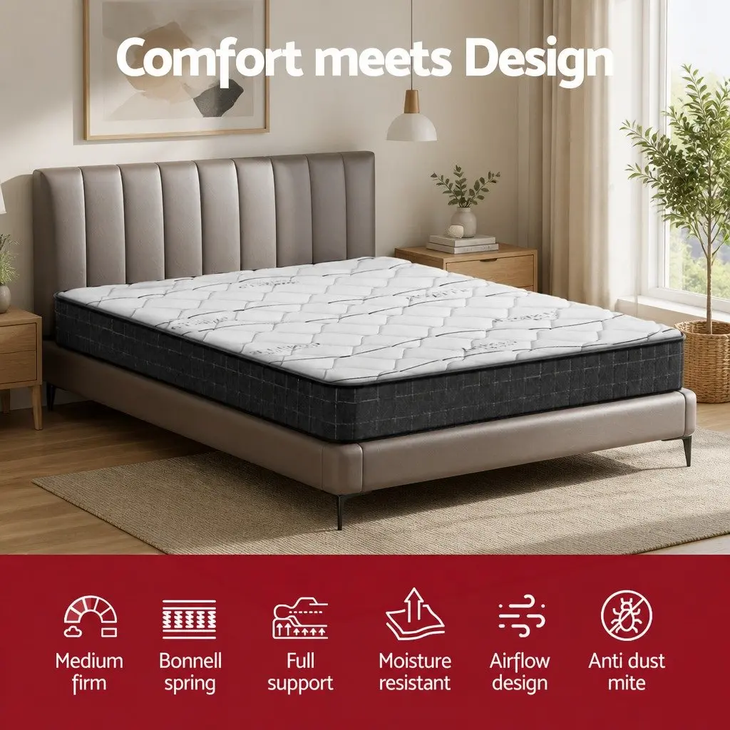 King Size Mattress Medium Firm 16cm Bonnell Spring Quilted Top White Black
