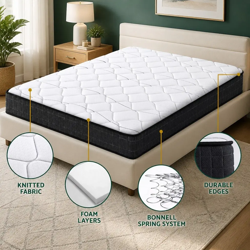 King Size Mattress Medium Firm 16cm Bonnell Spring Quilted Top White Black