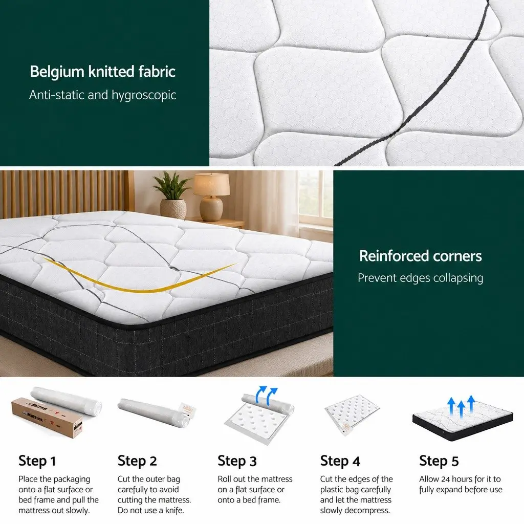 King Size Mattress Medium Firm 16cm Bonnell Spring Quilted Top White Black