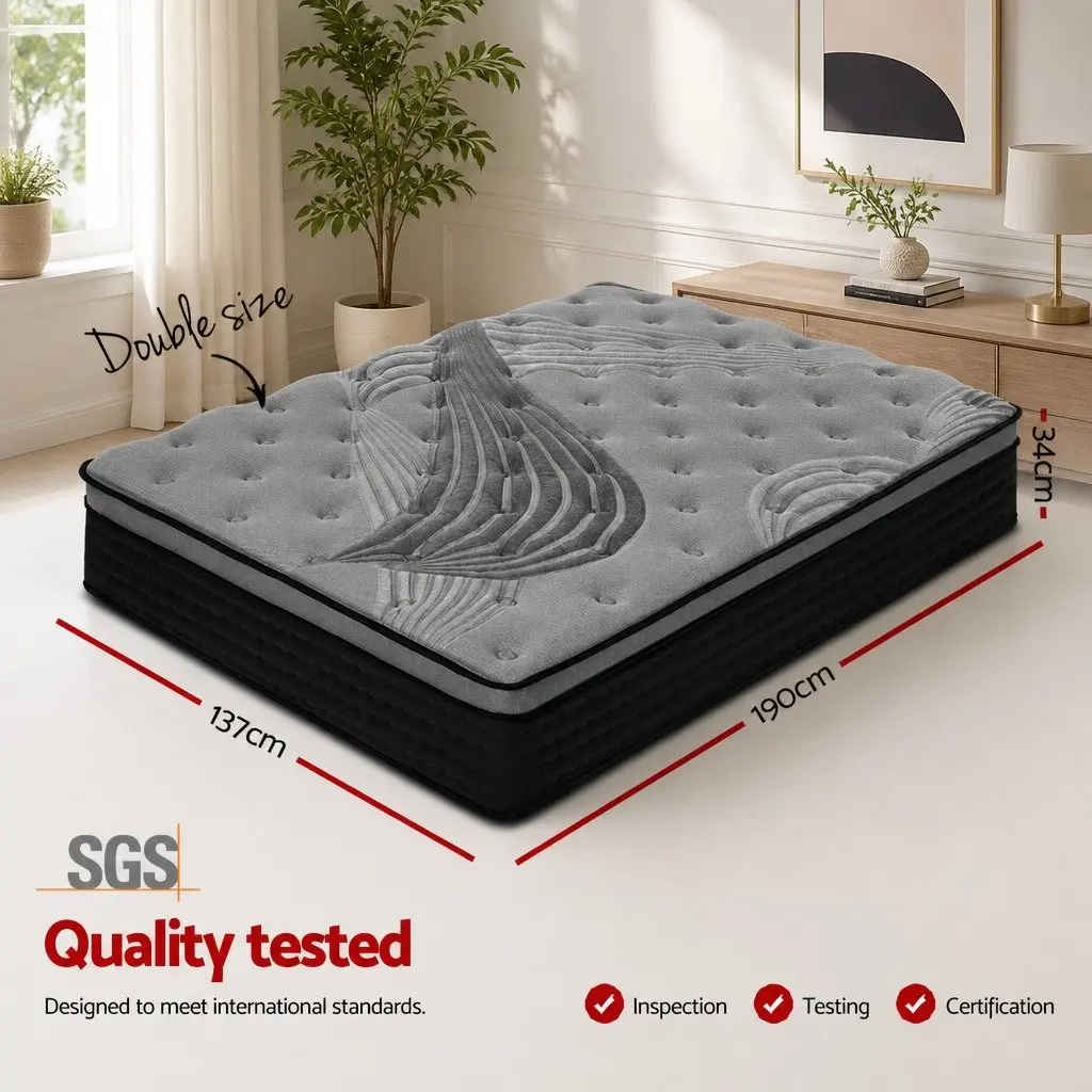 Double Mattress Medium Firm 34cm Euro Top Pocket Spring Bamboo Charcoal Grey