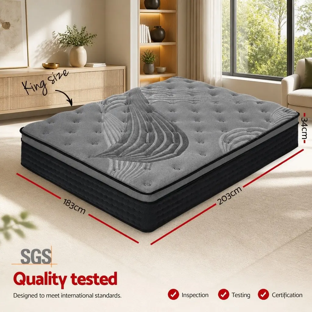 King Size Mattress Medium-Firm 34cm Grey Bamboo Charcoal Pocket Spring Euro Top