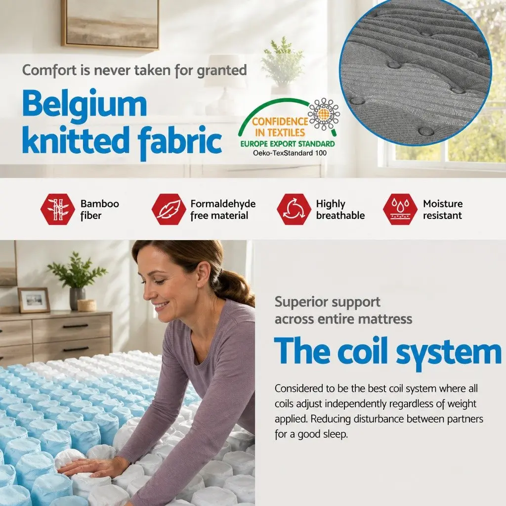 King Size Mattress Medium-Firm 34cm Grey Bamboo Charcoal Pocket Spring Euro Top