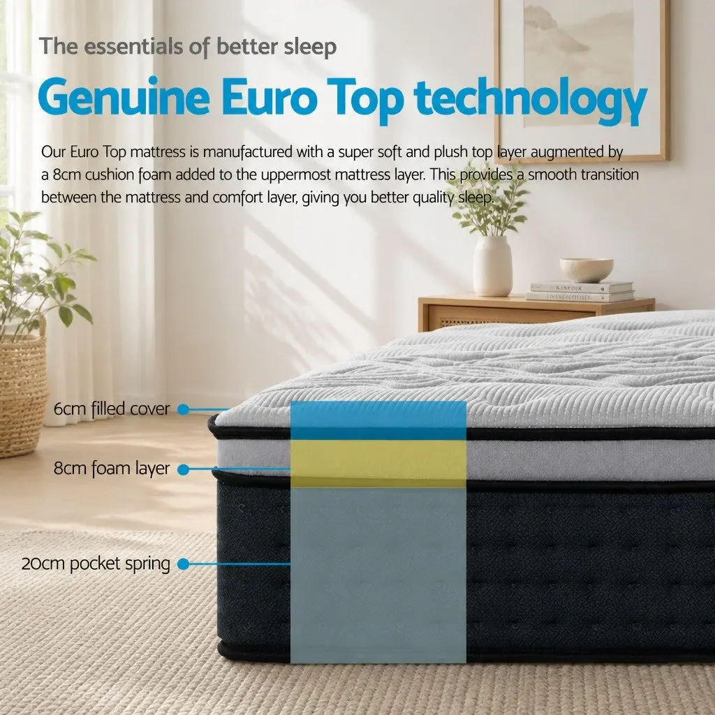 Queen Mattress 34cm Medium-Firm Support Bamboo Charcoal Pocket Spring Euro Top