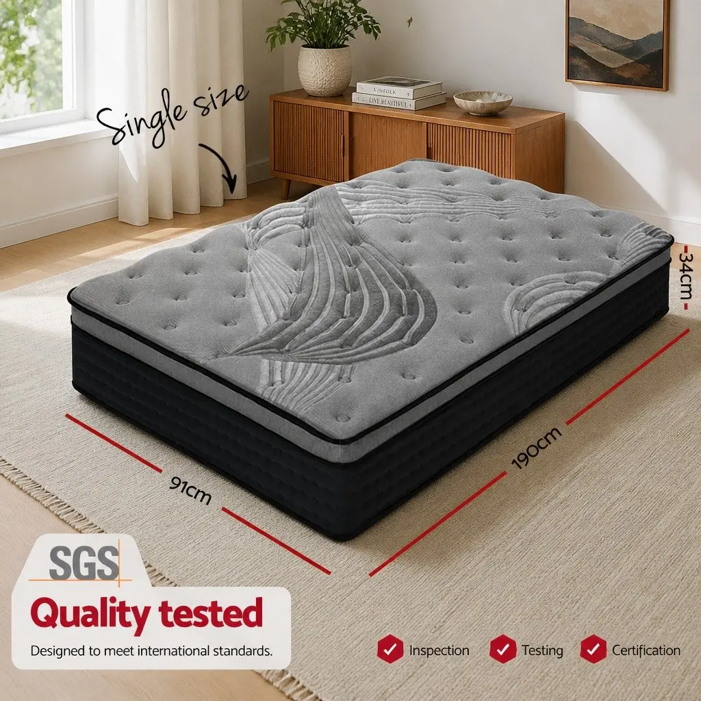 Single Mattress Medium Firm 34cm Euro Top Pocket Spring Bamboo Charcoal Grey