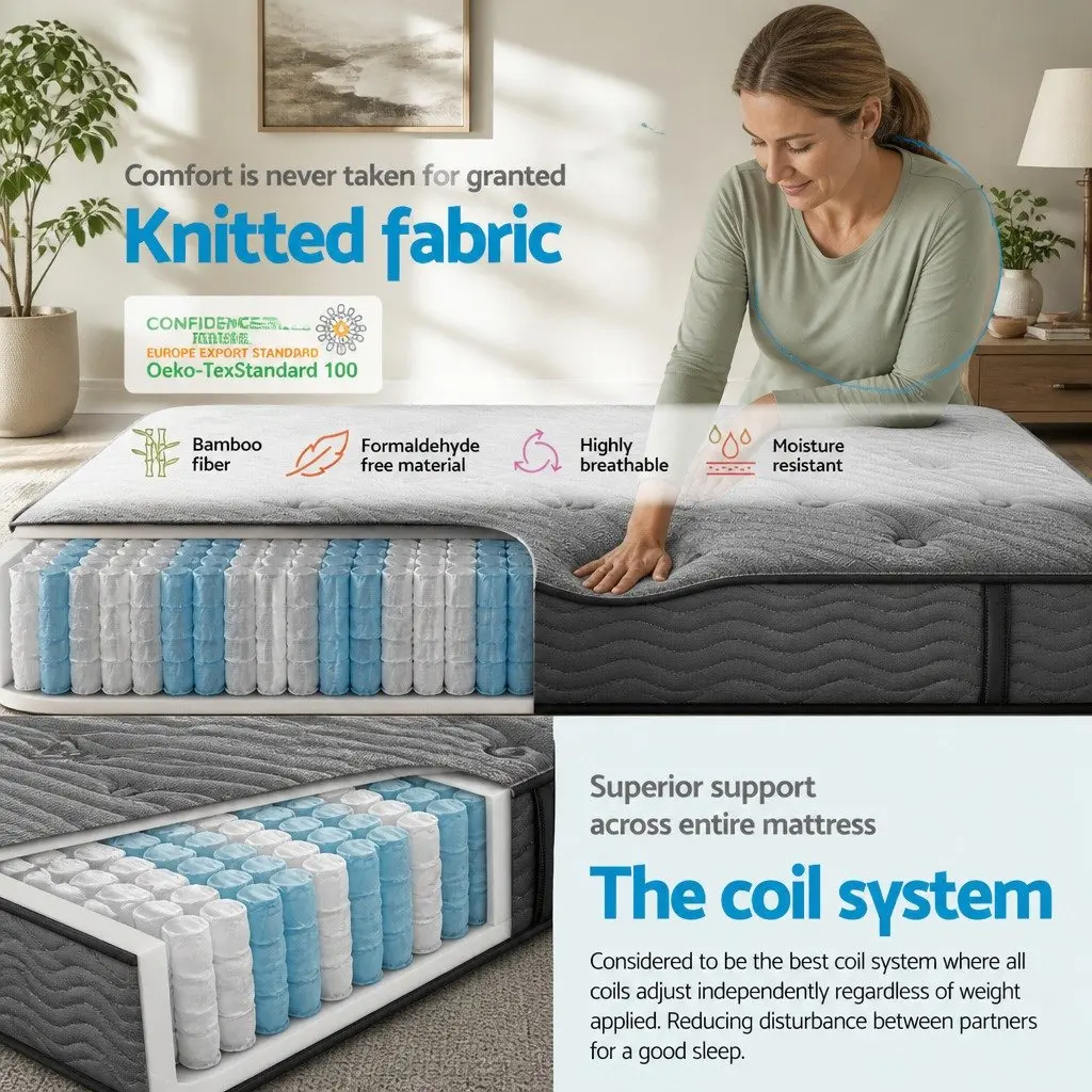 Single Mattress Medium Firm 34cm Euro Top Pocket Spring Bamboo Charcoal Grey