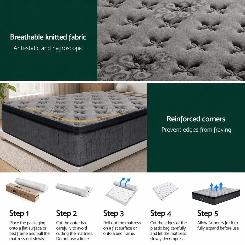 Double Mattress Medium-Firm 34cm Grey Euro Top Pocket Spring Gel Memory Foam