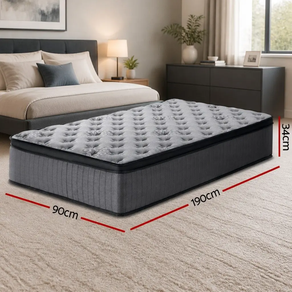 King Single Mattress Medium-Firm 34cm Euro Top Pocket Spring Memory Foam Grey