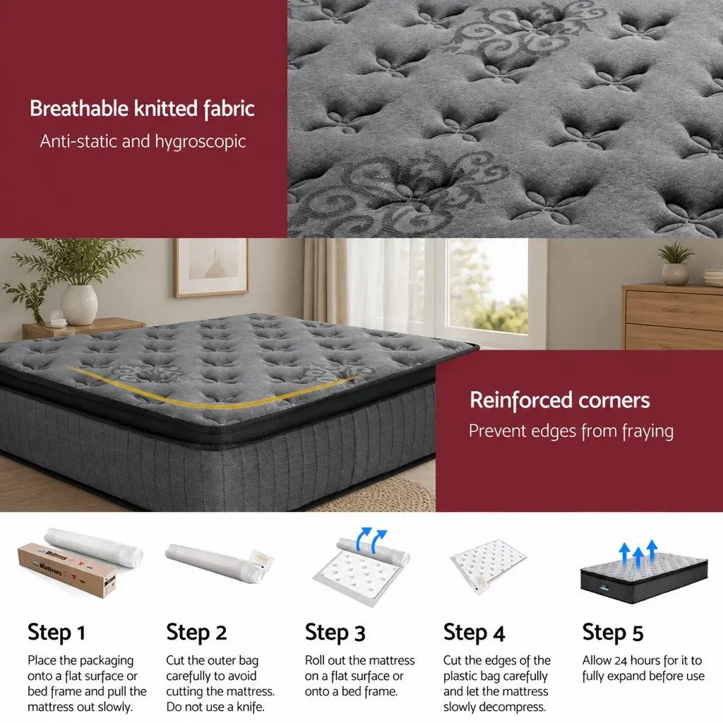 King Single Mattress Medium-Firm 34cm Euro Top Pocket Spring Memory Foam Grey