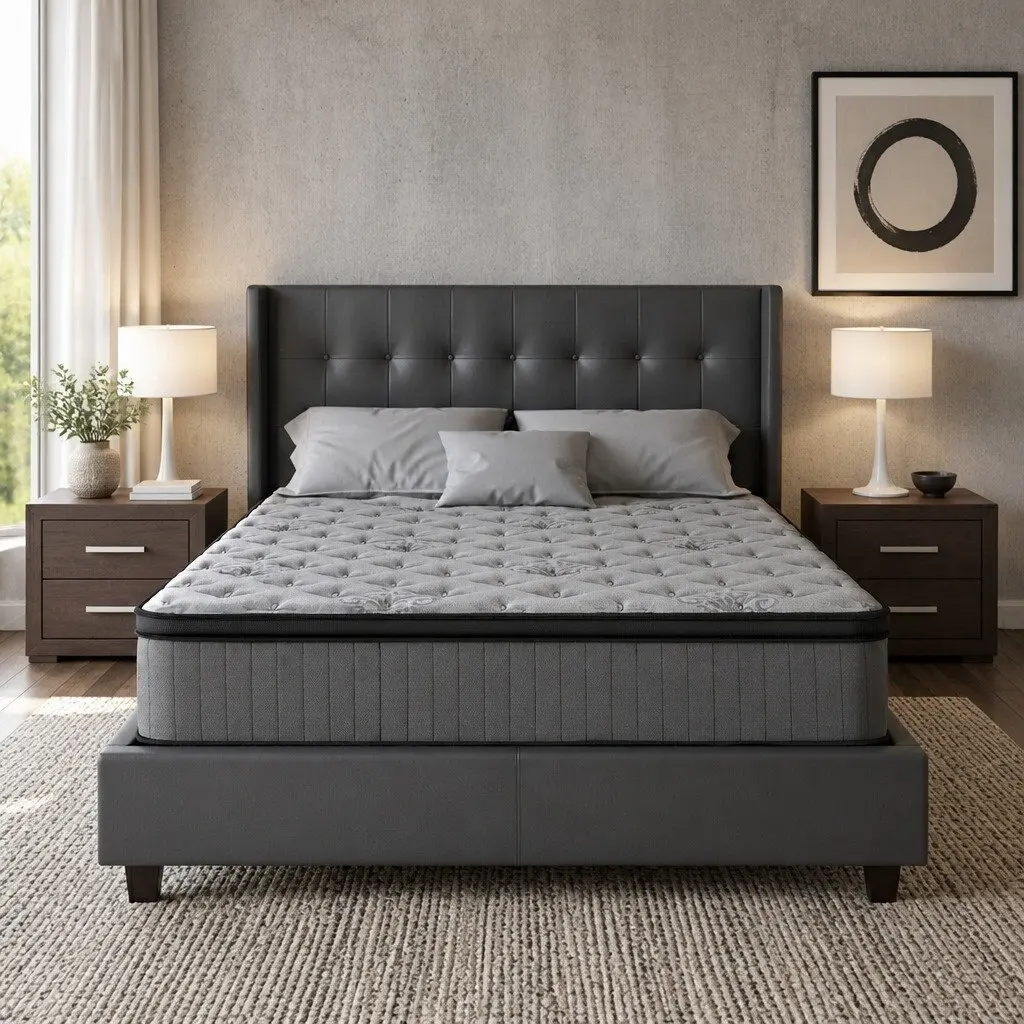 Queen Mattress Medium Firm Support 34cm Euro Top Grey Pocket Spring