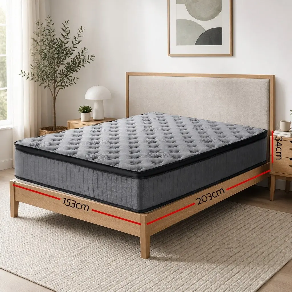 Queen Mattress Medium Firm Support 34cm Euro Top Grey Pocket Spring
