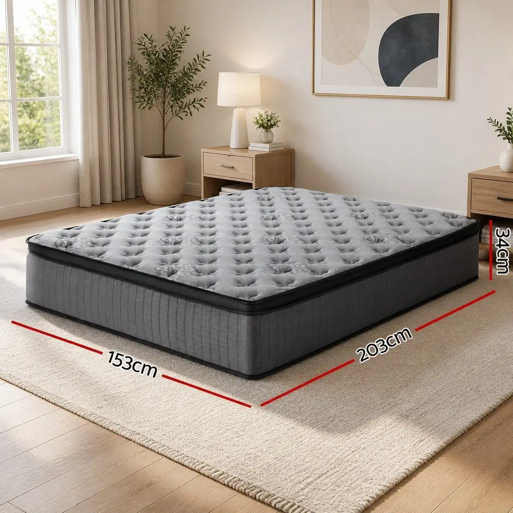 Queen Mattress Medium Firm Support 34cm Euro Top Grey Pocket Spring