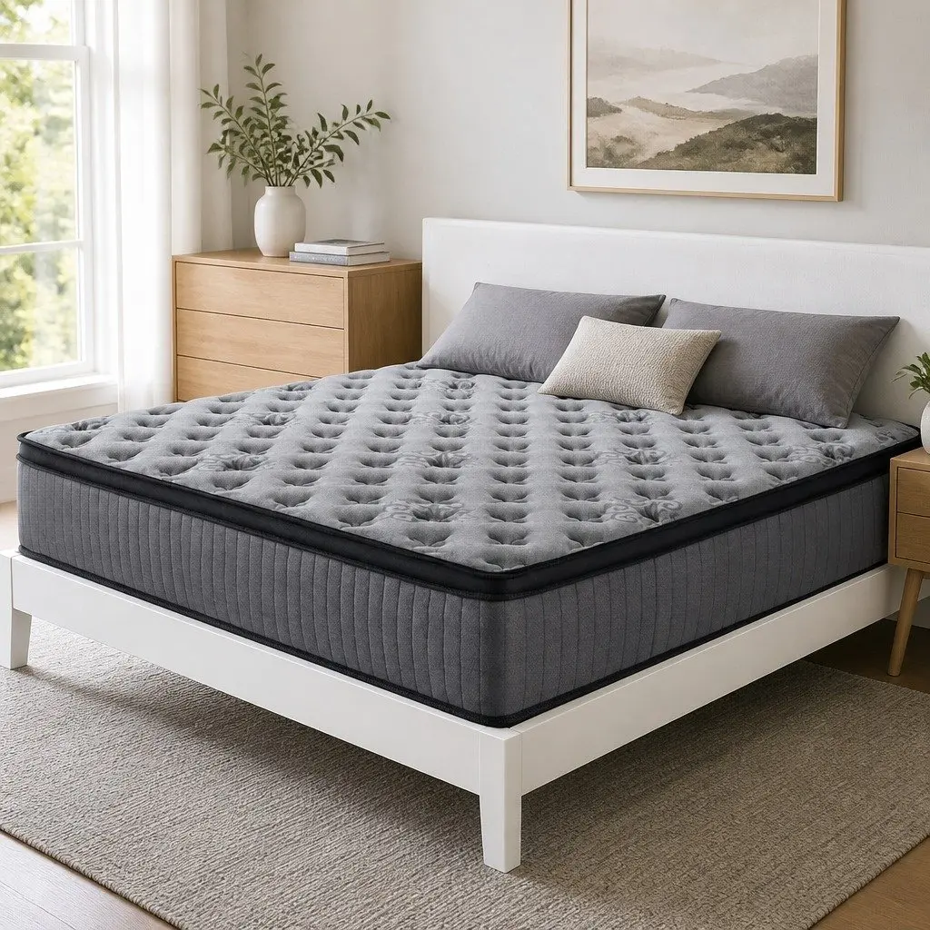 Queen Mattress Medium Firm Support 34cm Euro Top Grey Pocket Spring