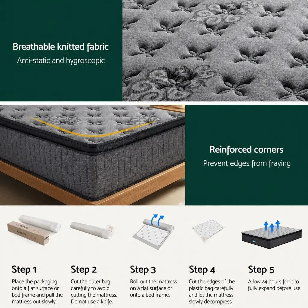 Queen Mattress Medium Firm Support 34cm Euro Top Grey Pocket Spring