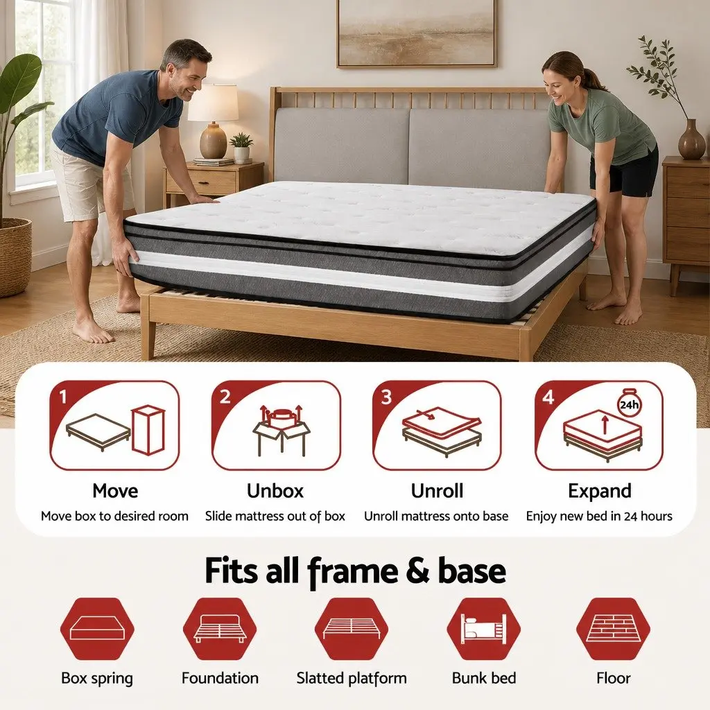 Double Mattress Gel Memory Foam Pocket Spring 30cm Euro Top Medium Firm Grey