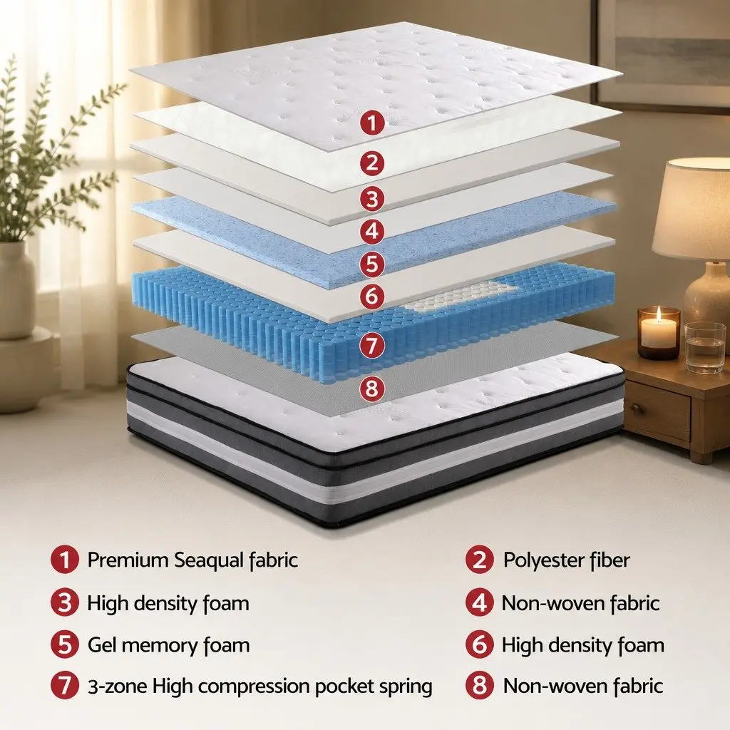 King Single Mattress Gel Memory Foam Pocket Spring 30cm Grey