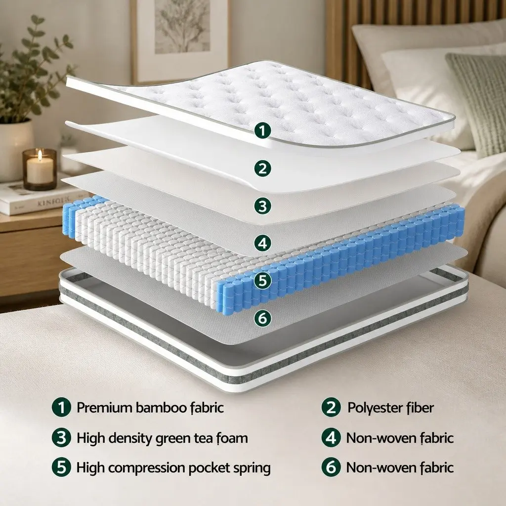 King Single Mattress 20cm Thick Green Tea Foam Euro Top Pocket Spring Bed