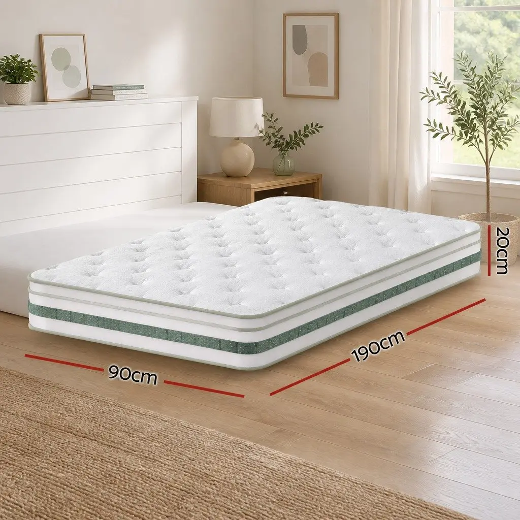 Single Mattress Medium Firm 20cm Green Tea Foam Euro Top Pocket Spring