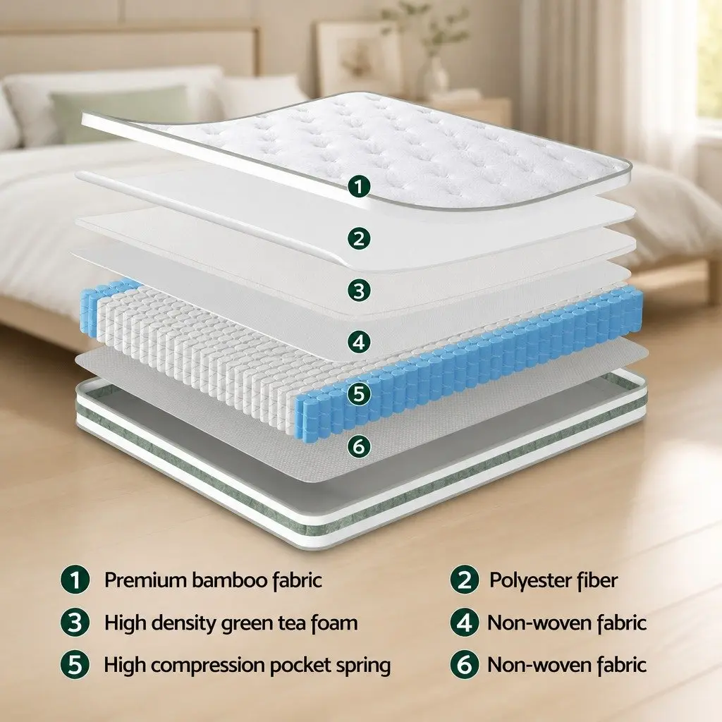 Single Mattress Medium Firm 20cm Green Tea Foam Euro Top Pocket Spring