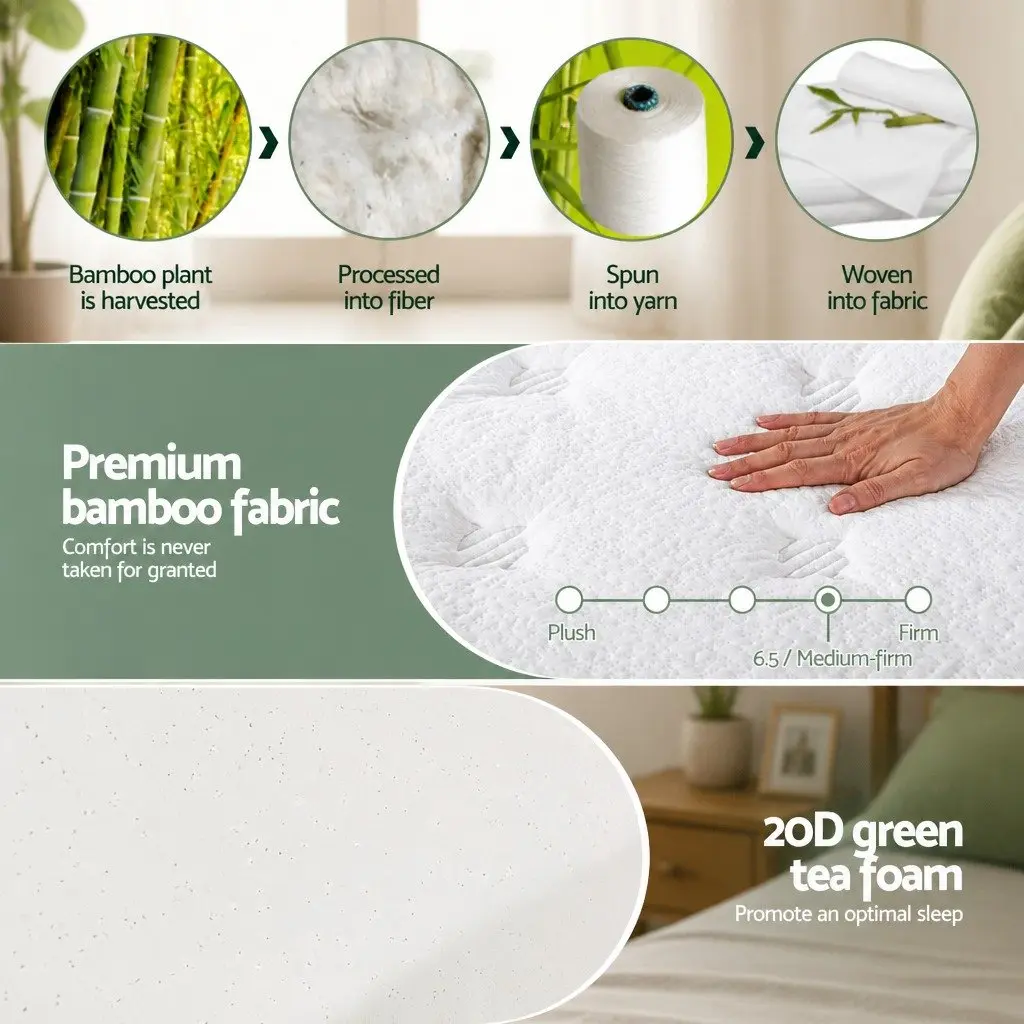 Single Mattress Medium Firm 20cm Green Tea Foam Euro Top Pocket Spring