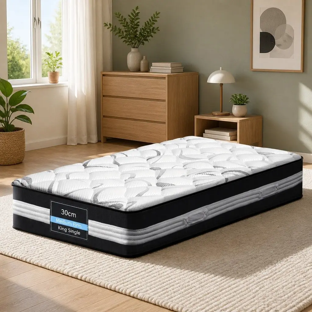 King Single Mattress Medium Firm 30cm Pocket Spring Support White Black