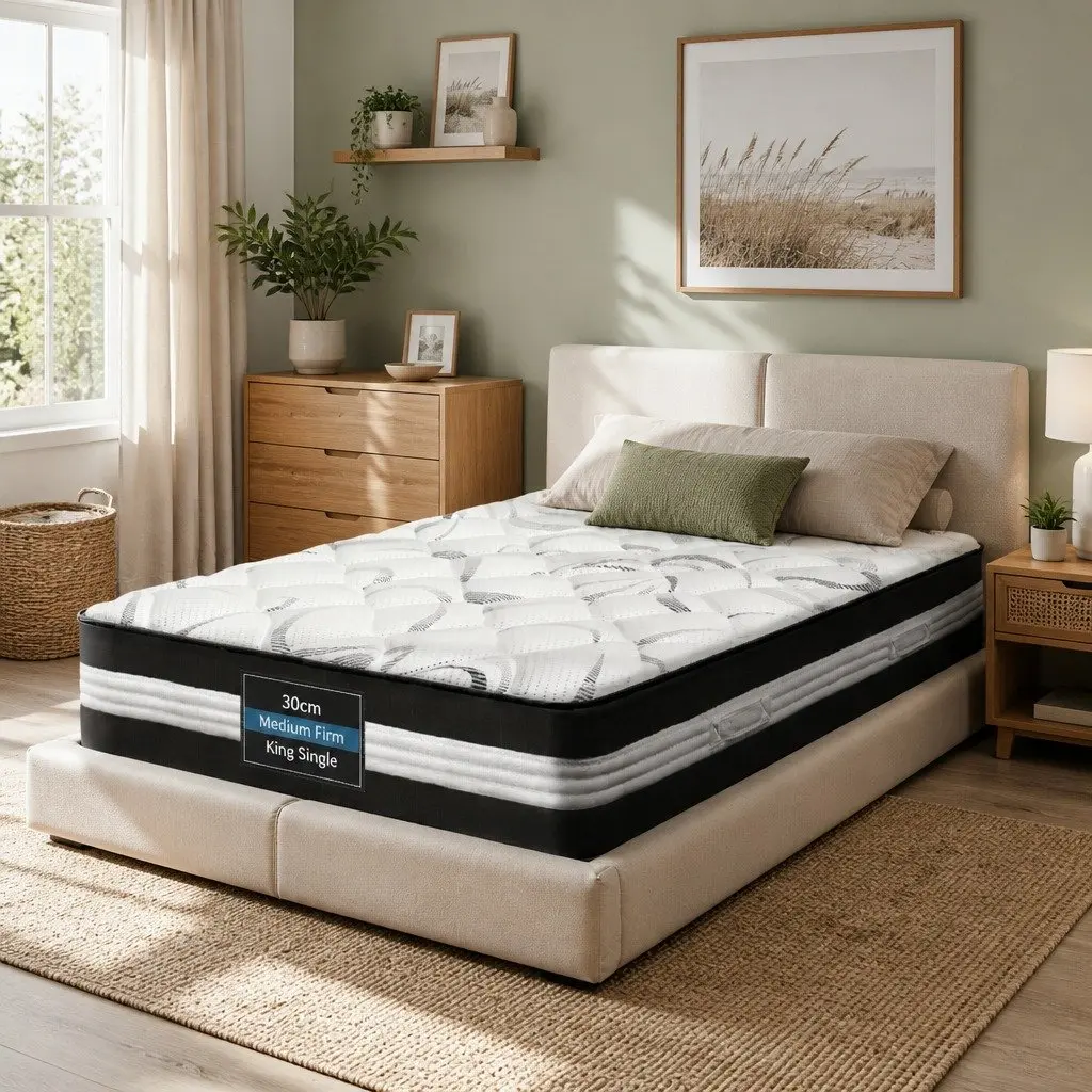 King Single Mattress Medium Firm 30cm Pocket Spring Support White Black