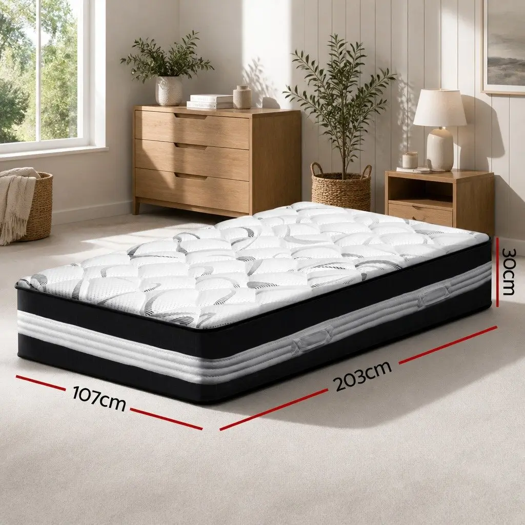 King Single Mattress Medium Firm 30cm Pocket Spring Support White Black