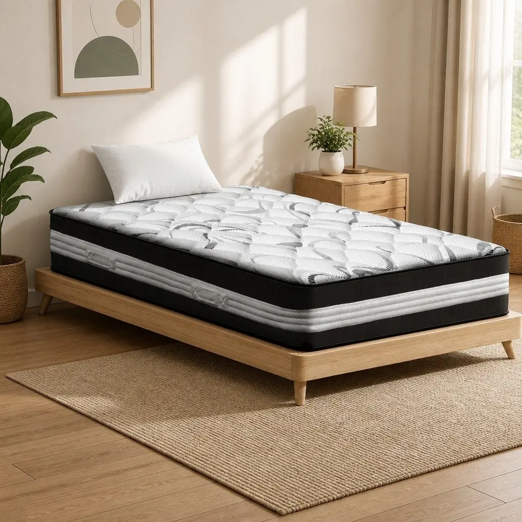 King Single Mattress Medium Firm 30cm Pocket Spring Support White Black