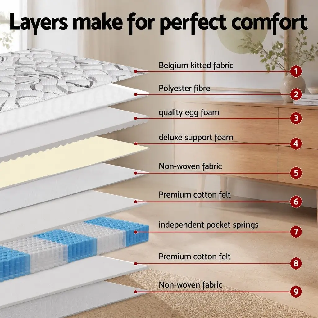 King Single Mattress Medium Firm 30cm Pocket Spring Support White Black
