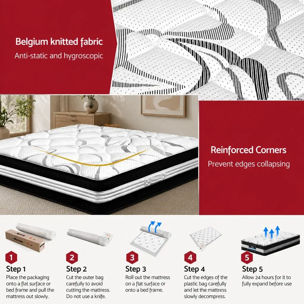 King Single Mattress Medium Firm 30cm Pocket Spring Support White Black