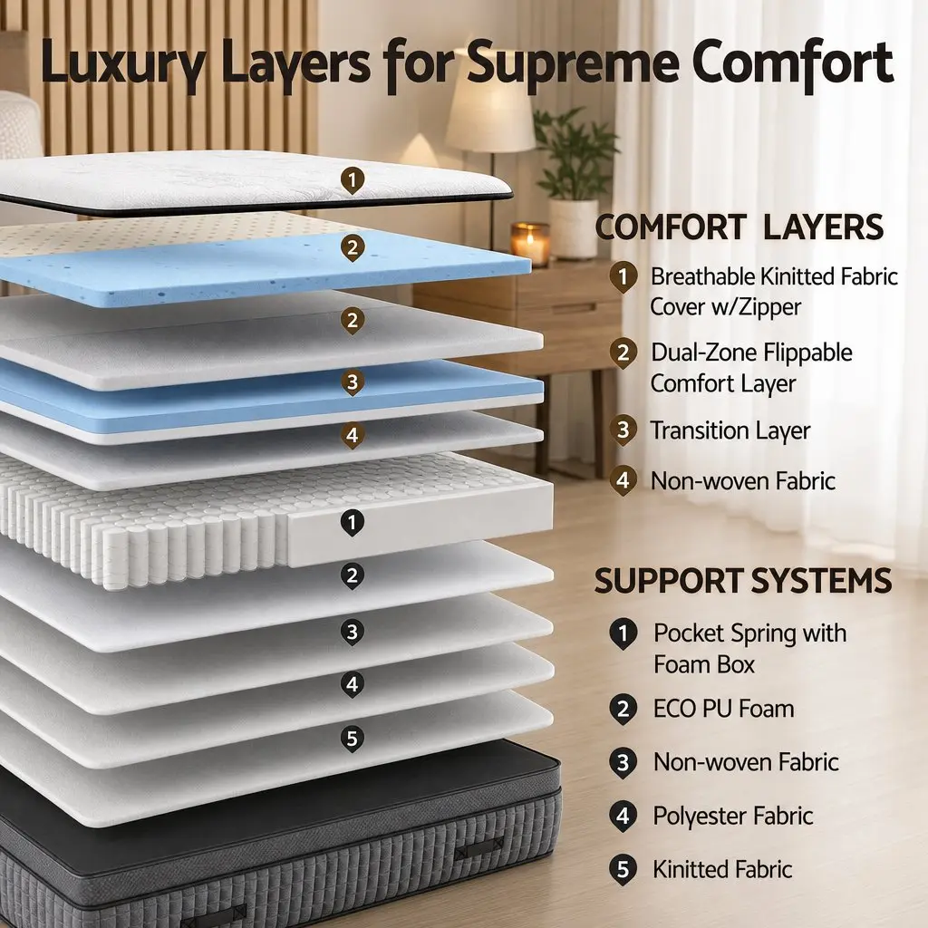 King Size Mattress Adjustable Firmness 37cm Grey White Cooling Gel