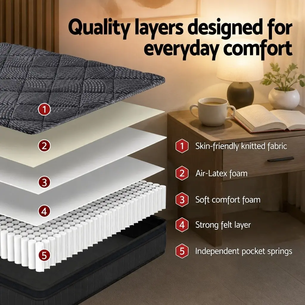 Double Mattress Medium Firm 25cm Pocket Spring Latex Euro Top Black