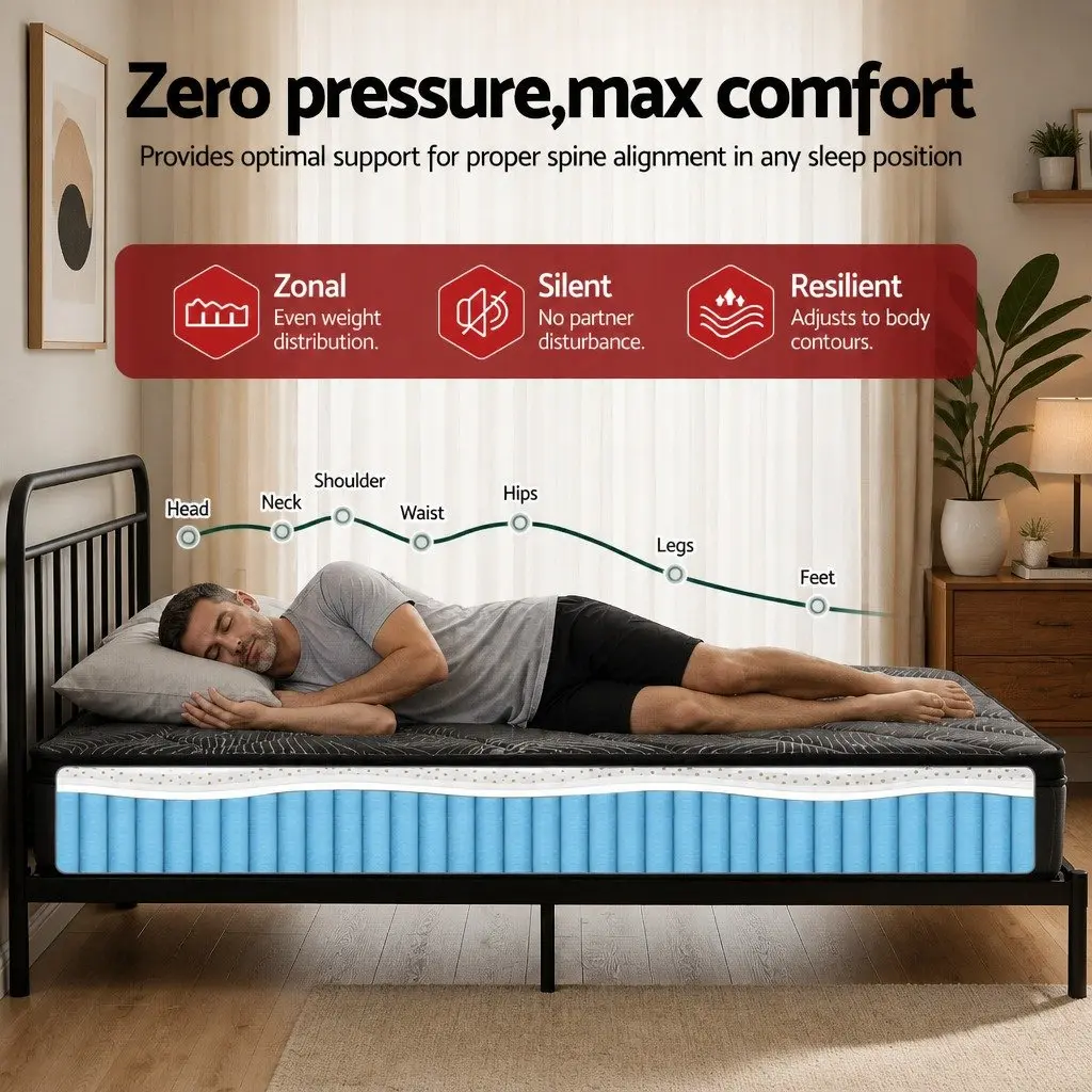 Double Mattress Medium Firm 25cm Pocket Spring Latex Euro Top Black