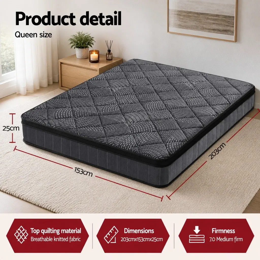 Queen Mattress Medium Firm Support 25cm Pocket Spring Latex Euro Top Black