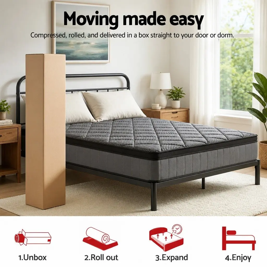 Queen Mattress Medium Firm Support 25cm Pocket Spring Latex Euro Top Black