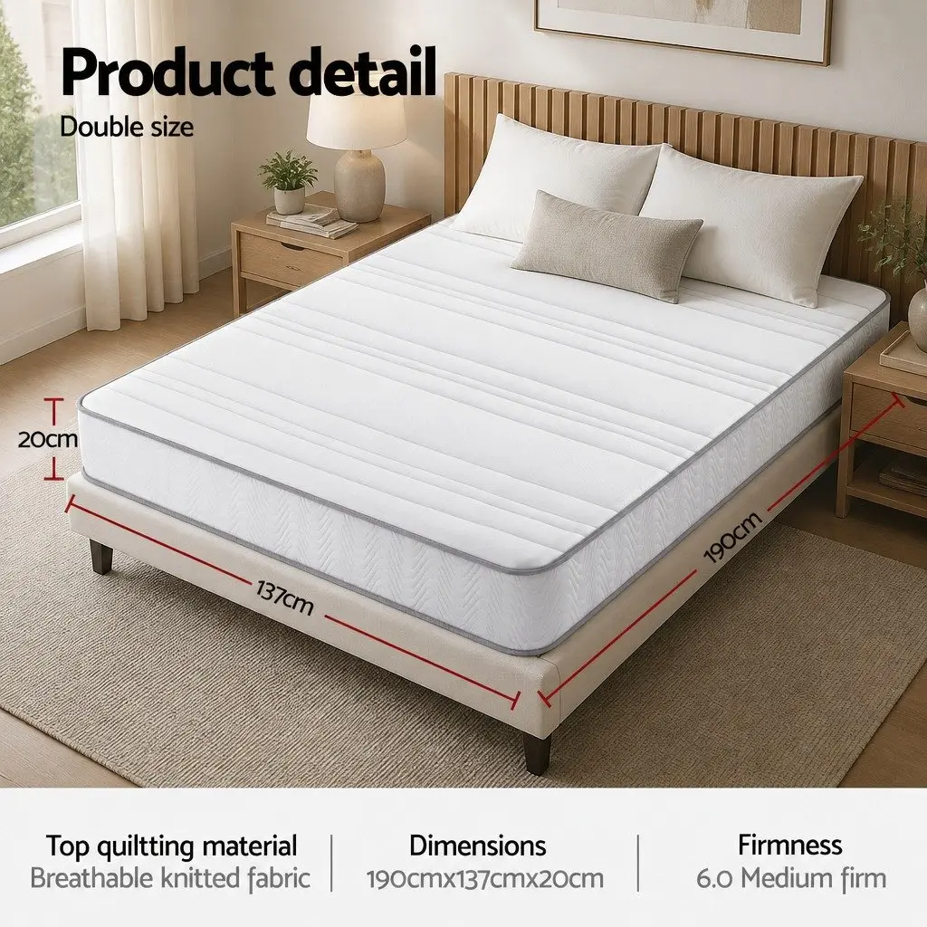 Double Mattress Medium Firm 20cm Egg-Crate Foam Pocket Spring White