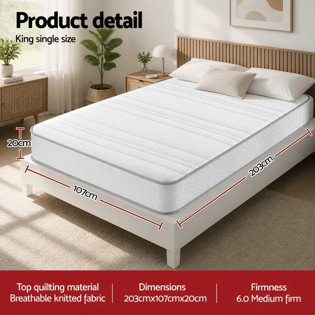 King Single Mattress Medium-Firm 20cm Egg-Crate Foam Pocket Spring Tight Top White