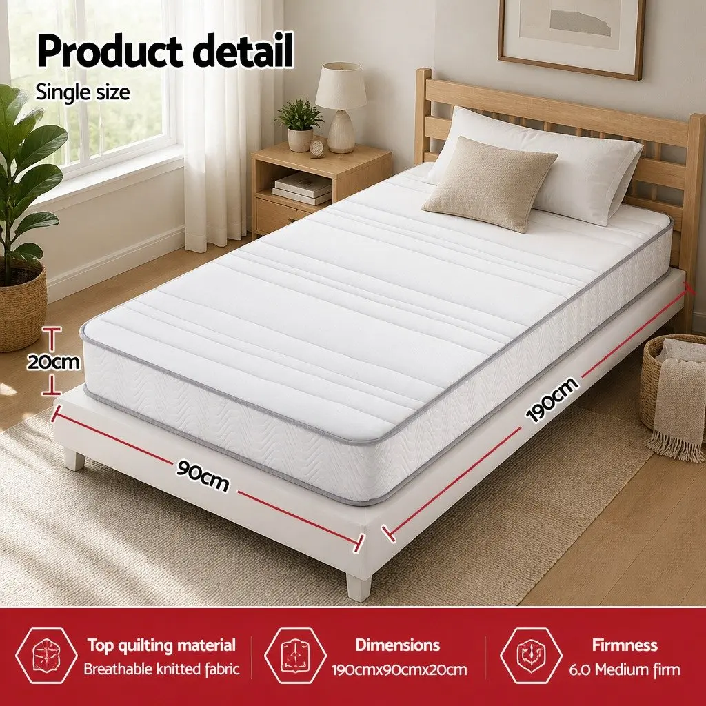 Single Mattress Medium Firm 90cm x 190cm White Egg-Crate Foam Pocket Spring Tight Top