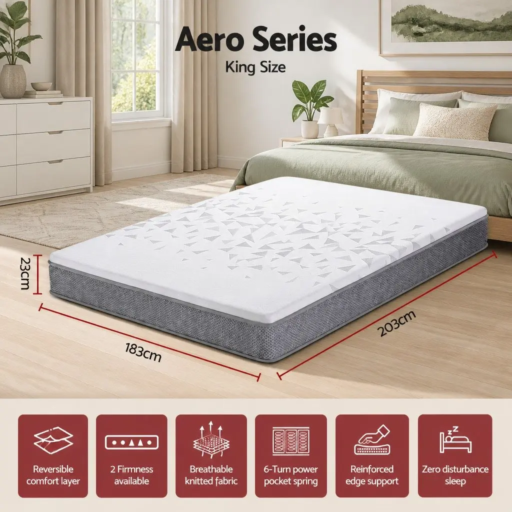 King Size Mattress Pocket Spring Reversible Foam 23cm Medium Firm White Grey