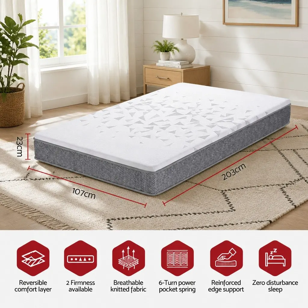 King Single Mattress 23cm Pocket Spring Reversible Foam Medium Firm Firm