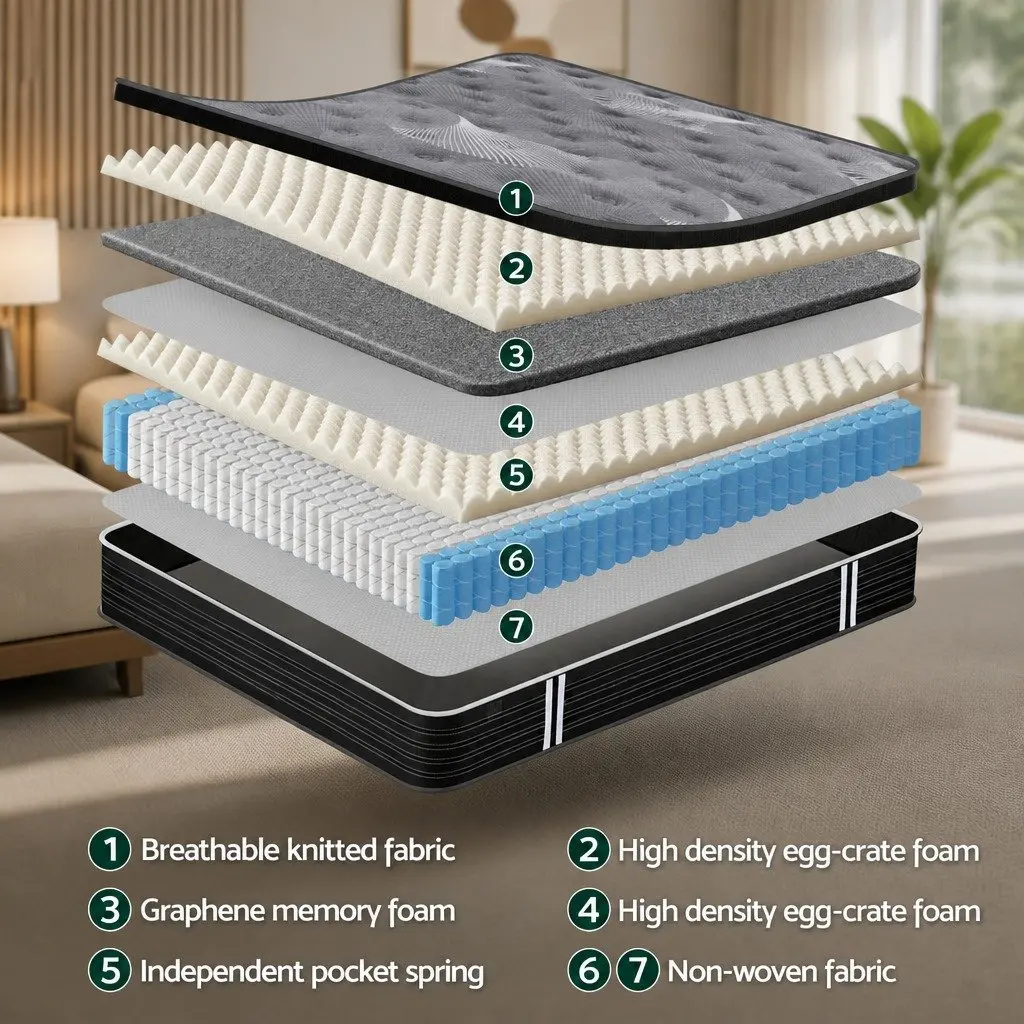 Double Mattress Euro Top 35cm Medium Firm Pocket Spring Graphene Memory Foam Black Dark Grey