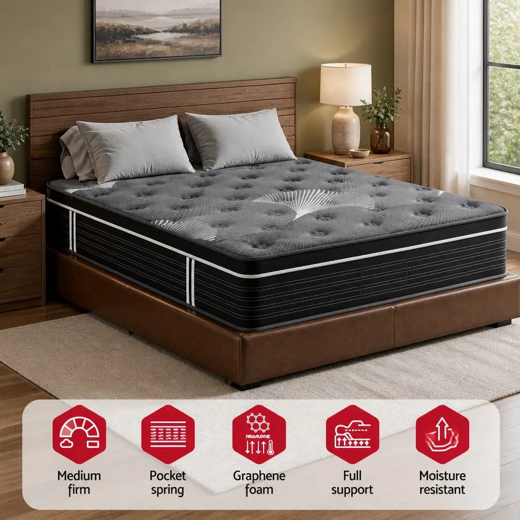 King Mattress Euro Top Medium Firm 35cm Graphene Memory Foam Black Dark Grey