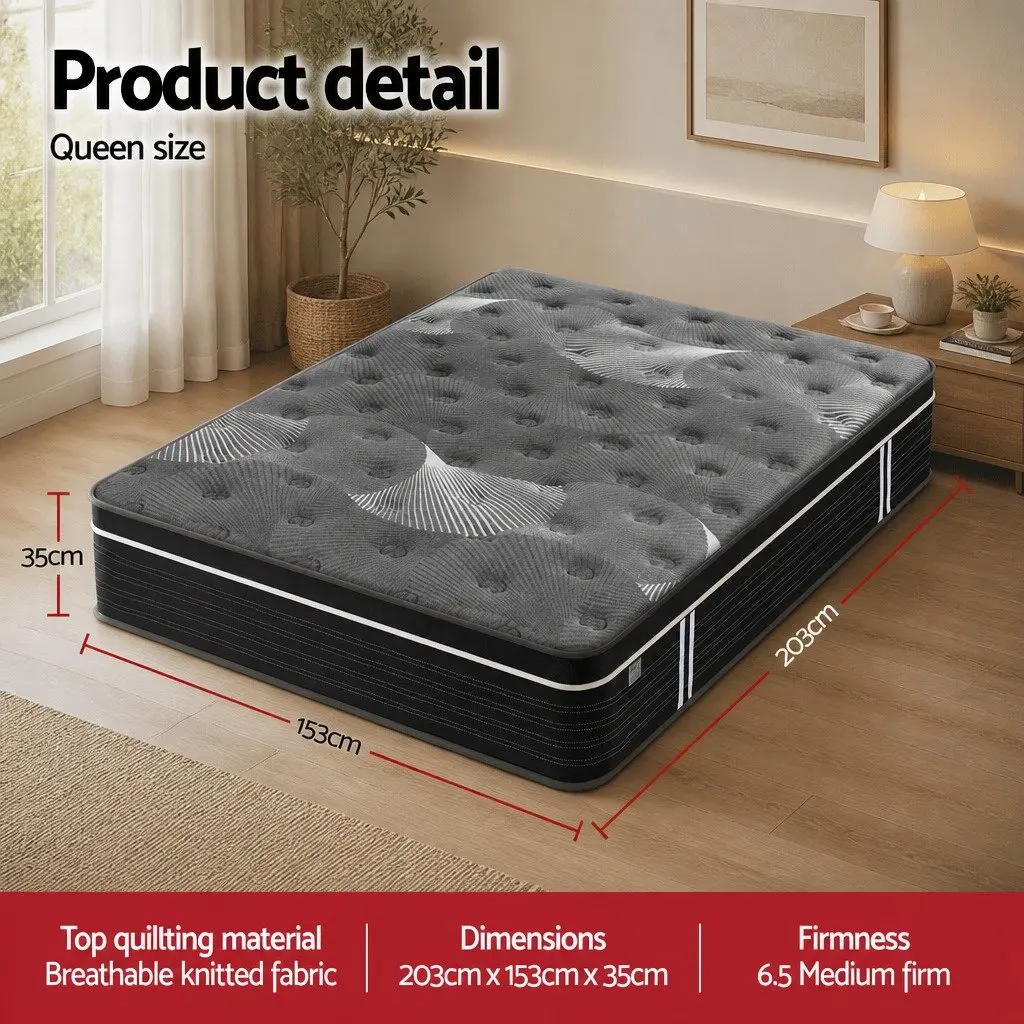 Queen Mattress Euro Top 35cm Medium Firm Pocket Spring Cooling Memory Foam Black Dark Grey