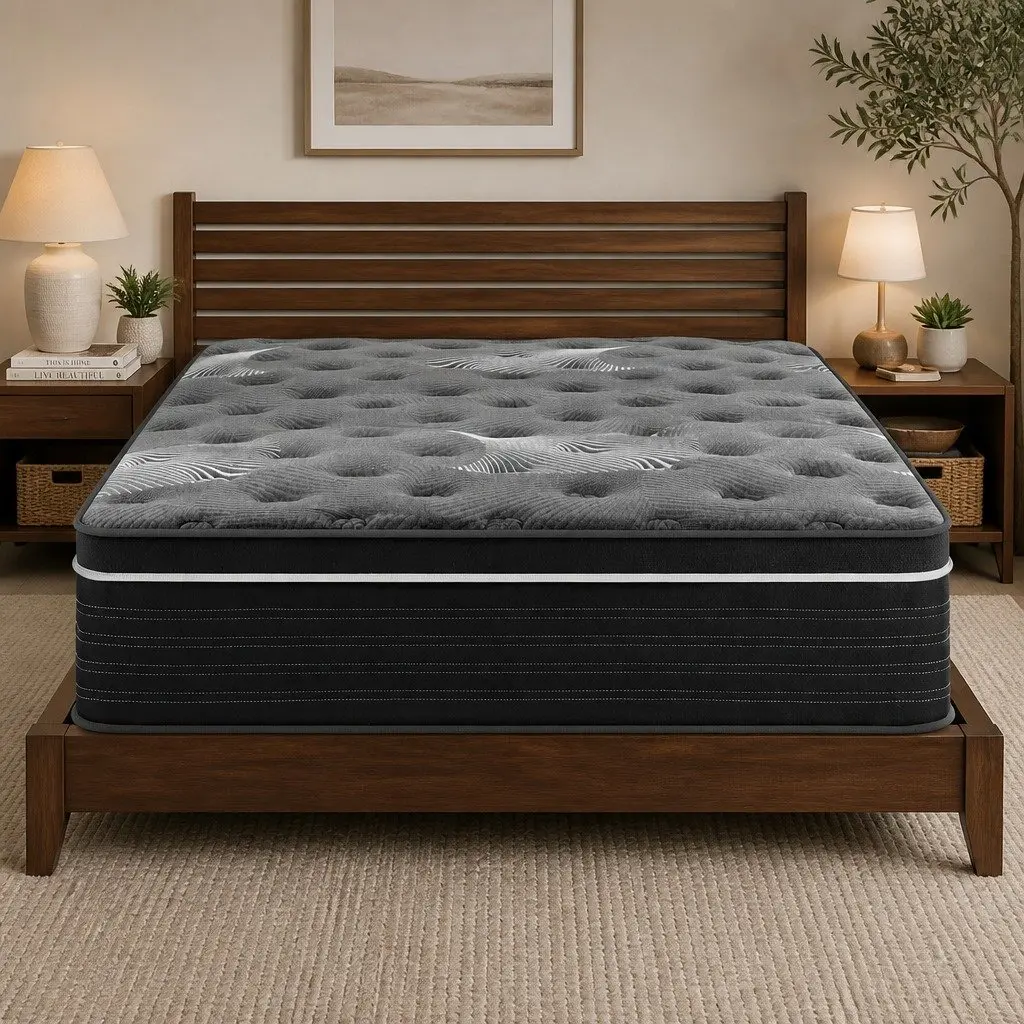 Queen Mattress Euro Top 35cm Medium Firm Pocket Spring Cooling Memory Foam Black Dark Grey