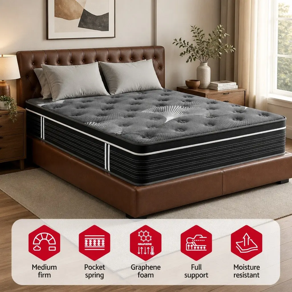 Queen Mattress Euro Top 35cm Medium Firm Pocket Spring Cooling Memory Foam Black Dark Grey