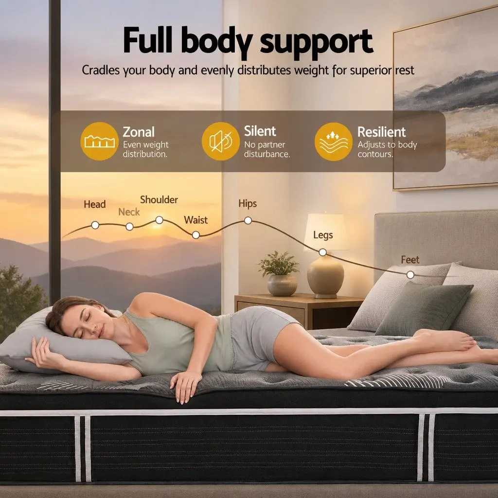 Queen Mattress Euro Top 35cm Medium Firm Pocket Spring Cooling Memory Foam Black Dark Grey