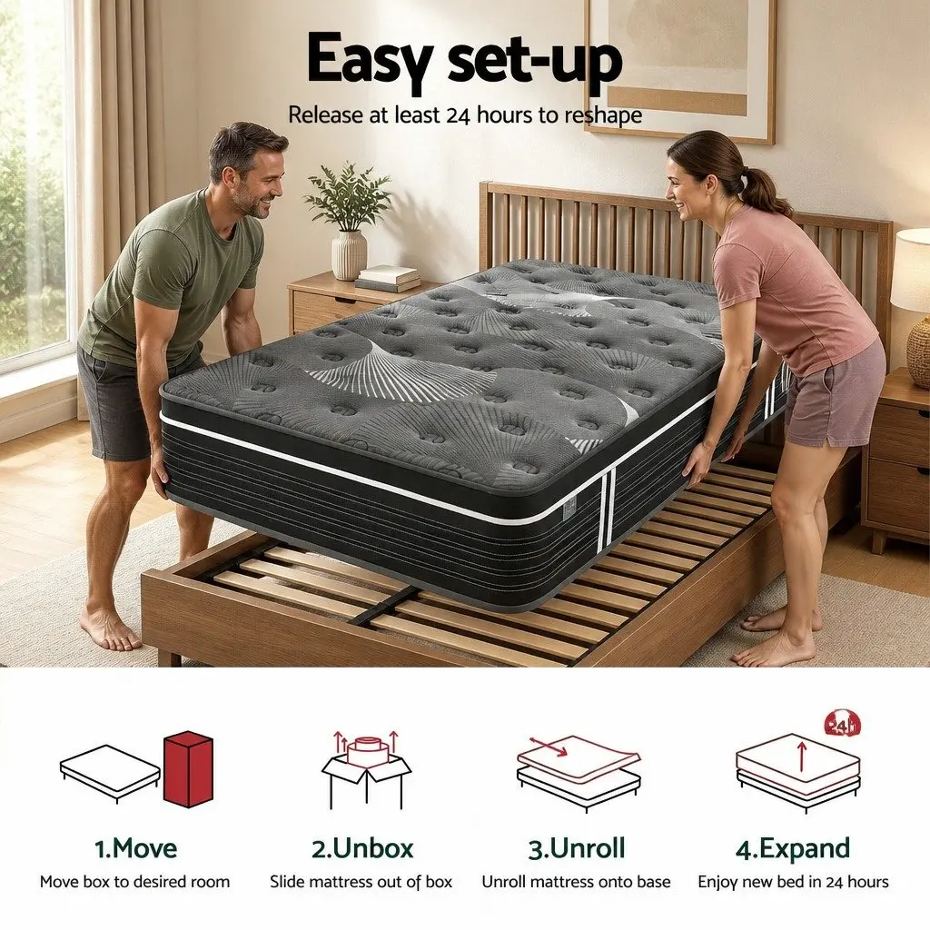 Single Mattress Euro Top 35cm Medium Firm Graphene Memory Foam Pocket Spring Black Dark Grey