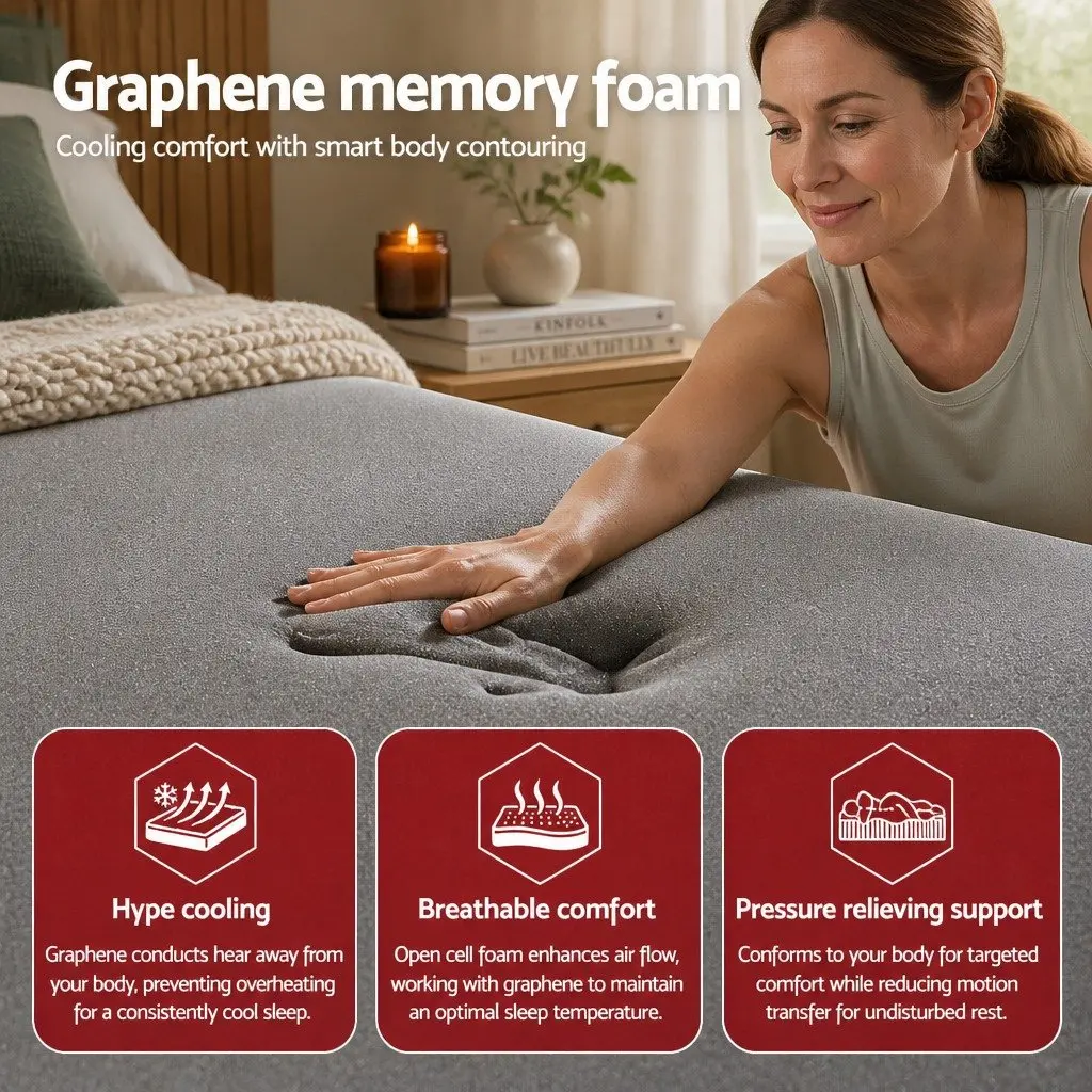 Single Mattress Euro Top 35cm Medium Firm Graphene Memory Foam Pocket Spring Black Dark Grey