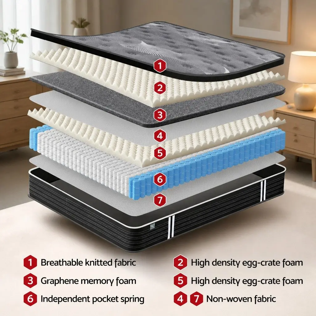 Single Mattress Euro Top 35cm Medium Firm Graphene Memory Foam Pocket Spring Black Dark Grey